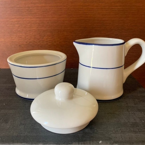 Lynns Stoneware Sugar & Creamer Set Glazed Blue Bands Simplistic Modern - Picture 8 of 11